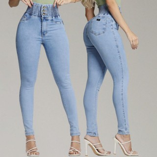 Calça jeans modeladora feminina cós cintura alta versátil casual empina bumbum com LAYCRA Jeans PREMIUM Luxo