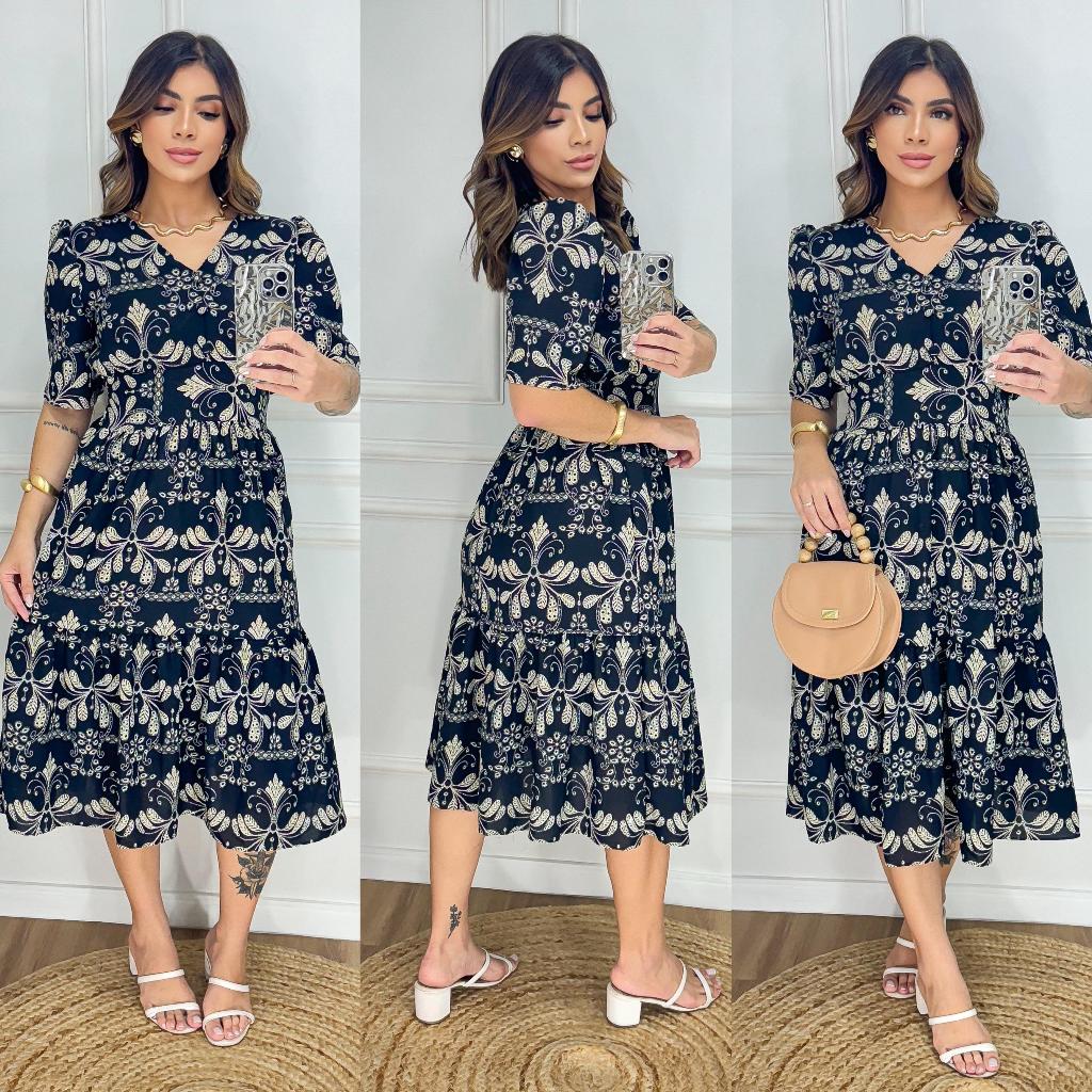 Vestido Midi Estampado com Elastex nas costas