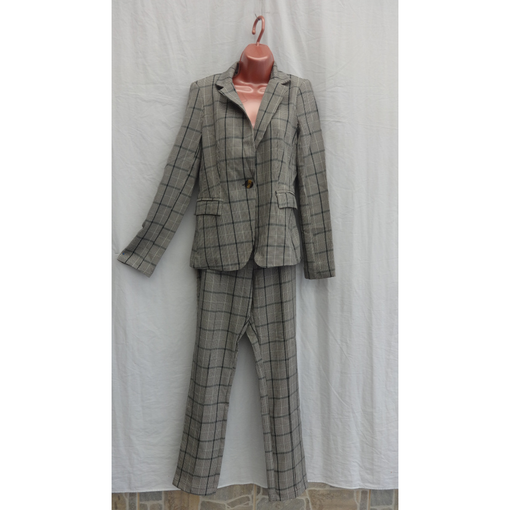 Conjunto Social Calça e Blazer Xadrez - Elias Dai Kim - Poliester - Tam. P - Cinza - Feminino