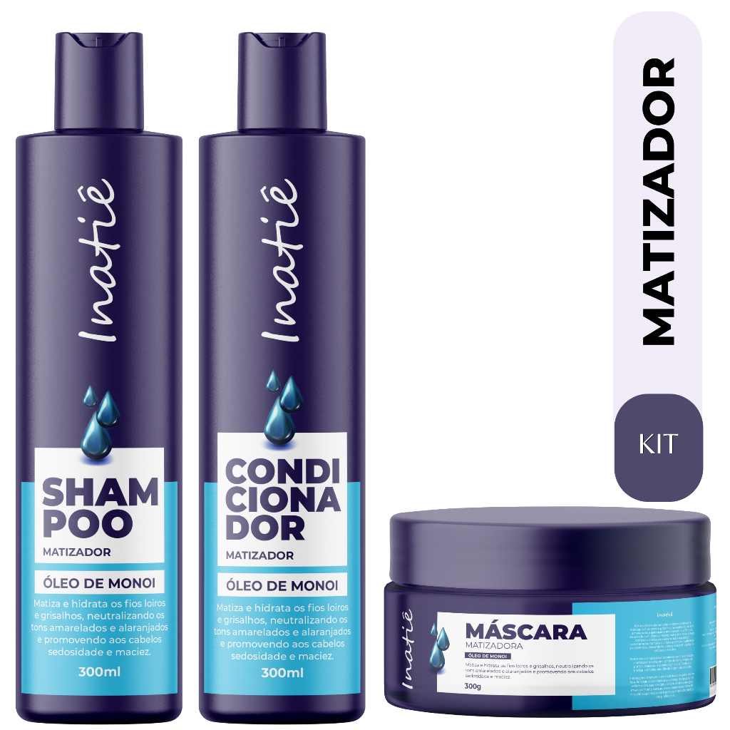 Kit Matizador Shampoo Condicionador e Máscara com Óleo de Monoi Inatiê