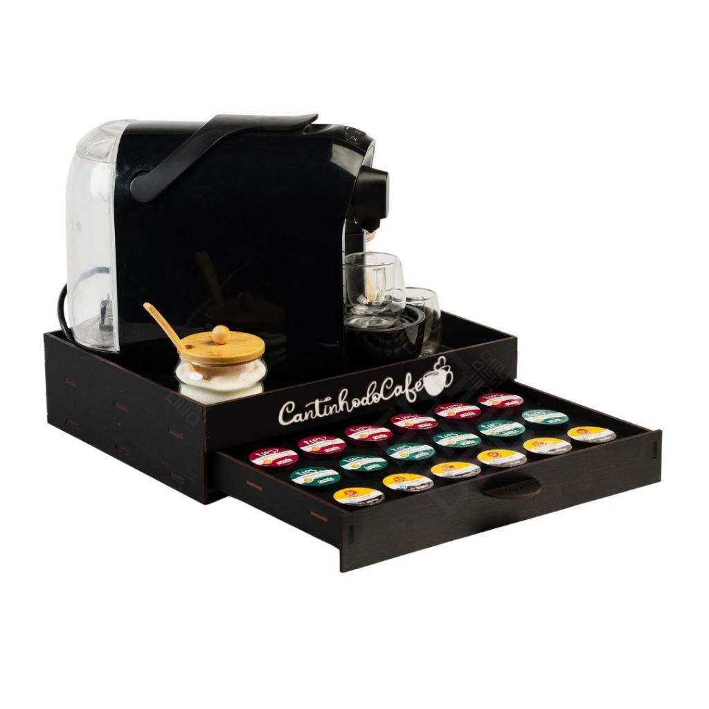 Bandeja Preta MDF 24 capsula Suporte Porta 3 Corações Nespresso Dolce Gusto Gaveta Embutida Cafe Cha
