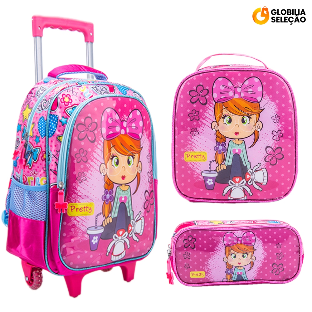 Kit Mochila Escolar Infantil de Rodinhas Menina Bolsa Resistente Impermeável Com Lancheira e Estojo BMA9312ML-KIT em Oferta na Shopee