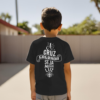 Camiseta camisa infantil catolica estampada a cruz sagrada seja minha luz em Oferta na Shopee