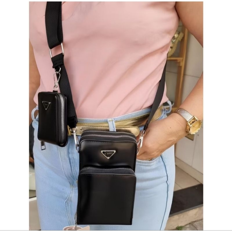 Bolsa feminina porta celular cartão e divisória com 3 zíper e alça transversal tiracolo