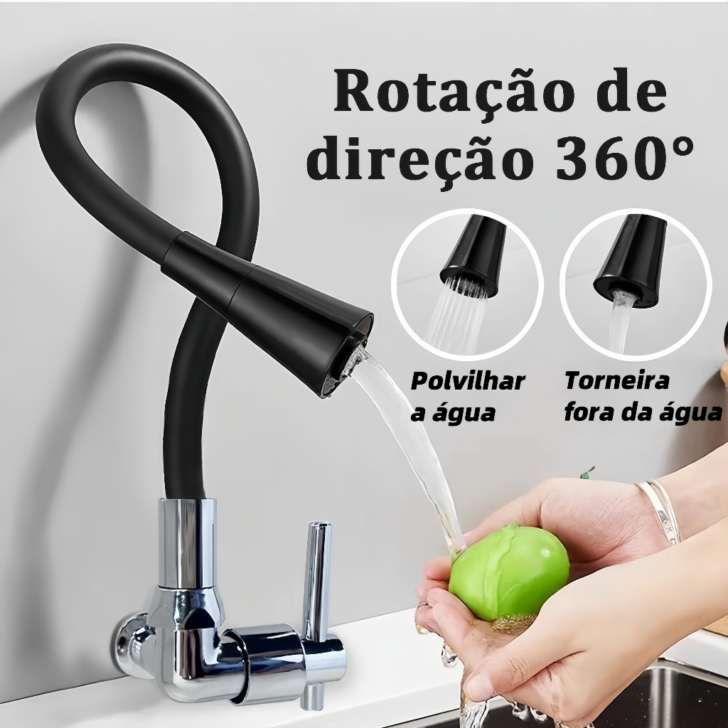 Torneira cozinha parede preta flexível Duplo Jato Cone 1/4 de Volta