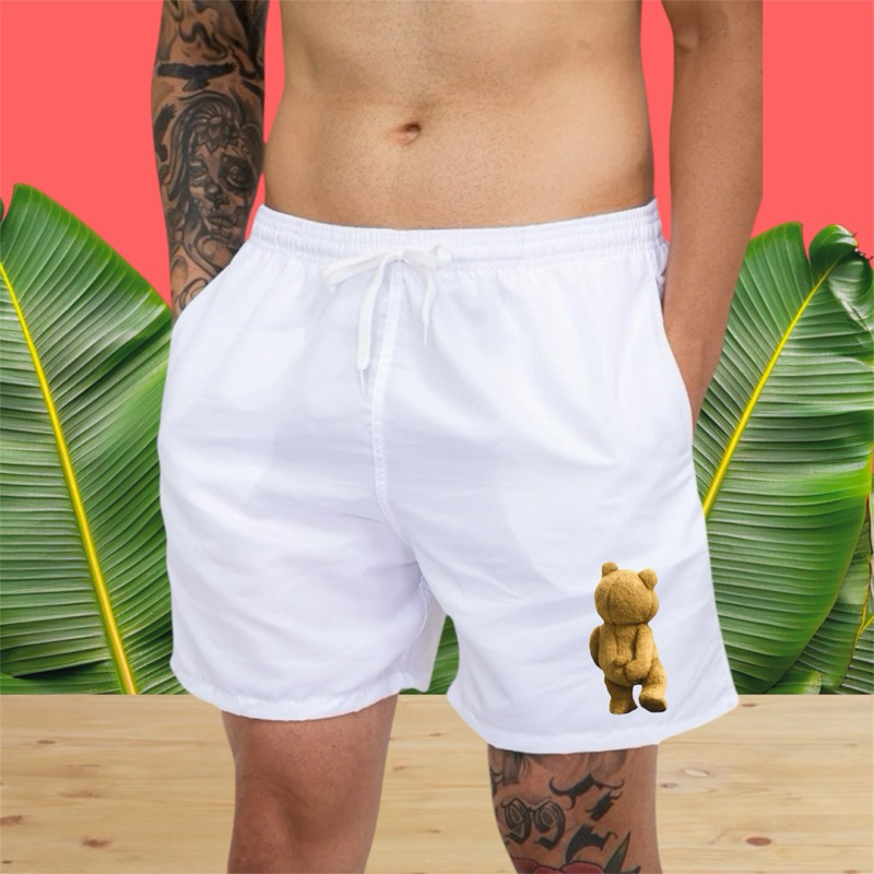 Short Masculino Moda Praia Tectel Bermuda Curta Esporte Corrida Estampado Verão Férias Branco Básica Curto