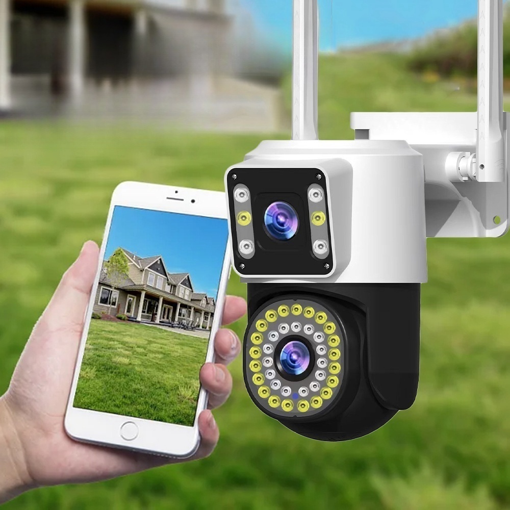 Câmera IP66 Fixa 2 em 1 ICSEE - Lente Dupla, Wi-Fi 360°, Visão Noturna e Sensor de Movimento para Segurança G1 em Oferta na Shopee