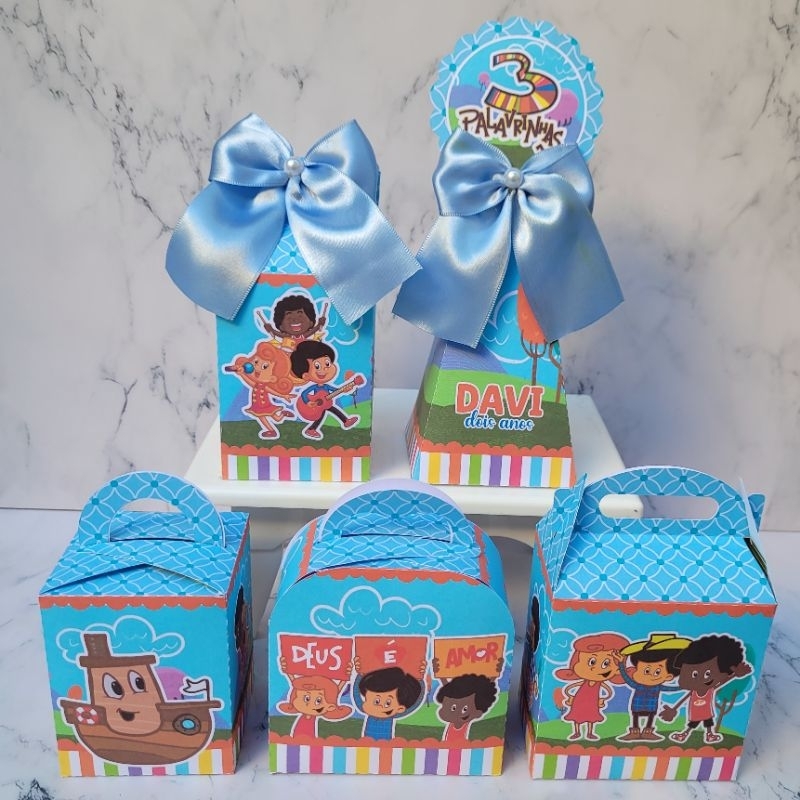 Kit Festa Personalizados 3 Palavrinhas Menino PEGUE MONTE Caixinha Lembrancinha