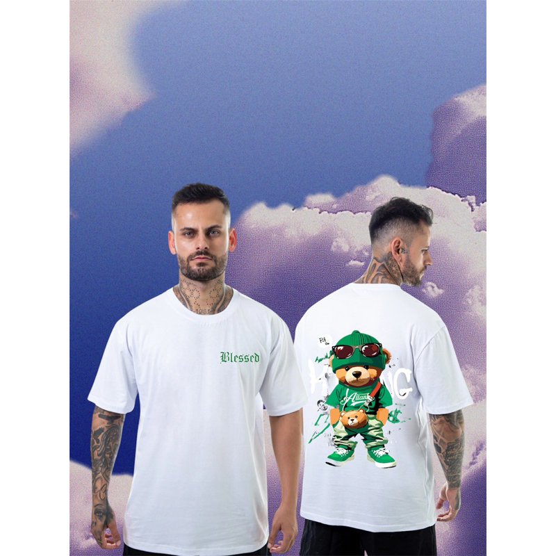 Camiseta Oversized Masculina Estampada Streetwear Academia Algodão Respirável Urso Gym Premium Blusao
