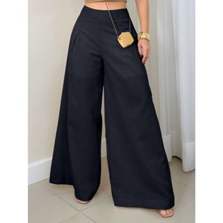 EMILI Calça Pantalona Feminina Linho / Zíper Na Lateral/ Sem Passante/ Forro Short-93143 em Oferta na Shopee