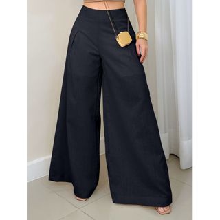 EMILI Calça Pantalona Feminina Linho / Zíper Na Lateral/ Sem Passante/ Forro Short-93143