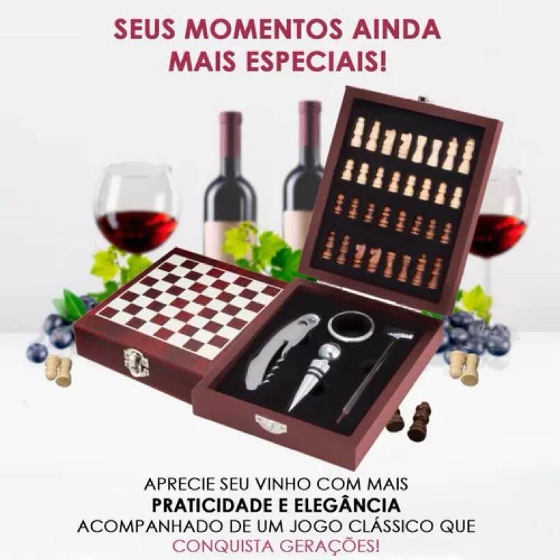 Kit Acessórios para Vinho 5 Peças Inox na Caixa com Jogo Xadrez