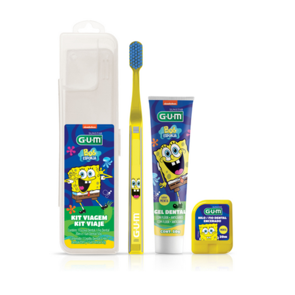 Kit Viagem Infantil Bob Esponja c/ Escova, Gel Dental e Fio Dental - GUM em Oferta na Shopee