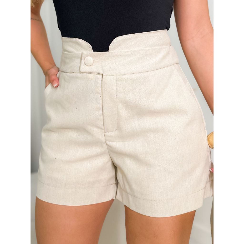 EMILI3 Short de Linho Feminino Com Detalhes No Cós Botão Faca e Cos Com Forro-93147