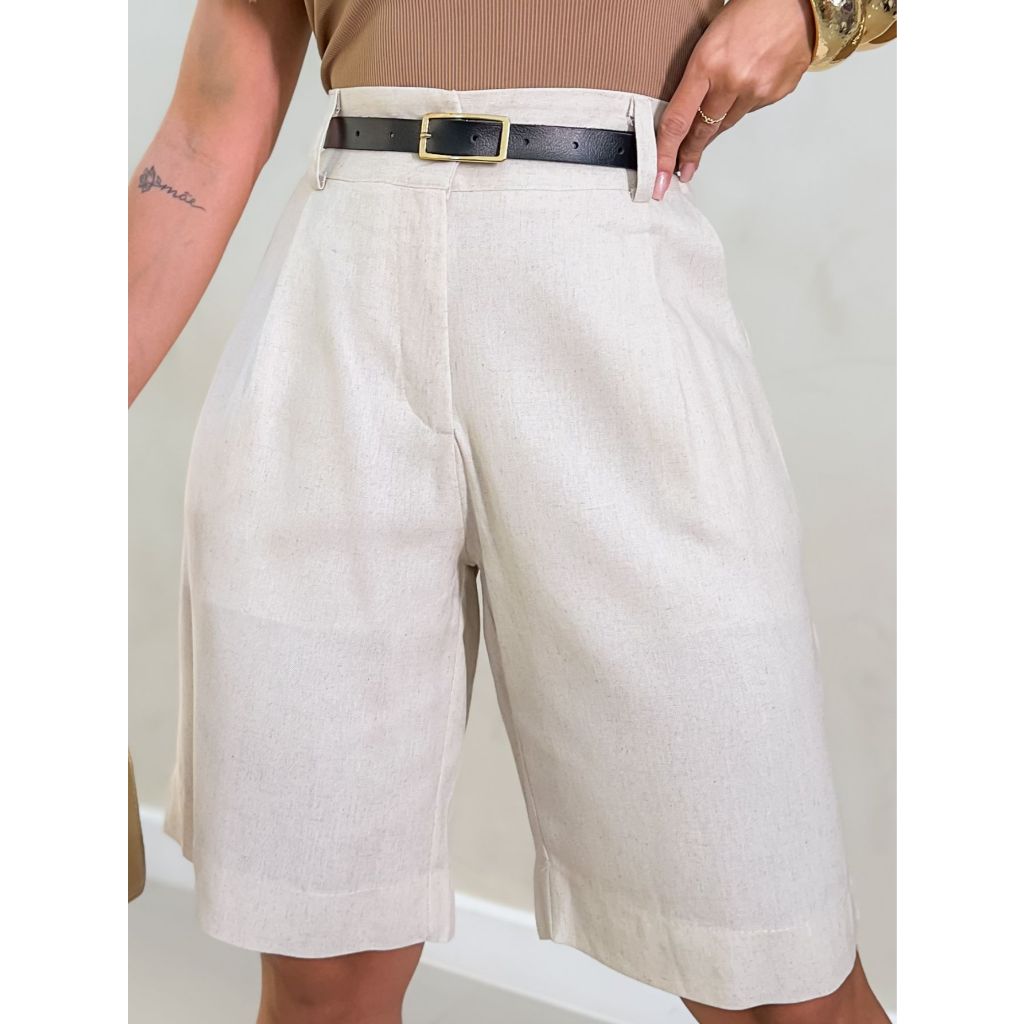 EMILI3 SHORT BERMUDA COM CINTO BRANCA LINHO COM POLIESTER CLASSICA/ SHORT BERMUDA-9376