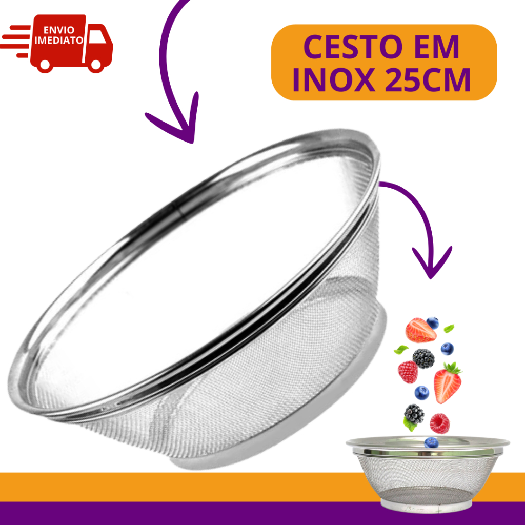 Cesto Escorredor Multiuso Inox 25cm Cesta Frutas Escorredor de Macarrão Arroz Salada Legume ao Vapor