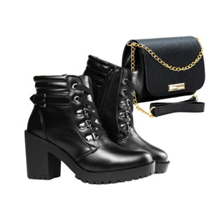 Bota Coturno Feminino Salto Alto Cano Liso Curto Tratorado Confortável Leve e Estiloso + B...