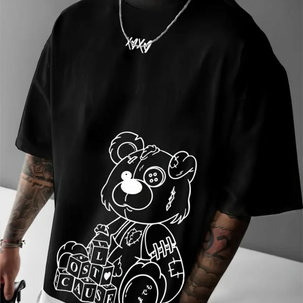 Camiseta Masculina Larga Versatil Oversized Urso XOXO Lost Cause Streetwear Fio 30.1 Algodão