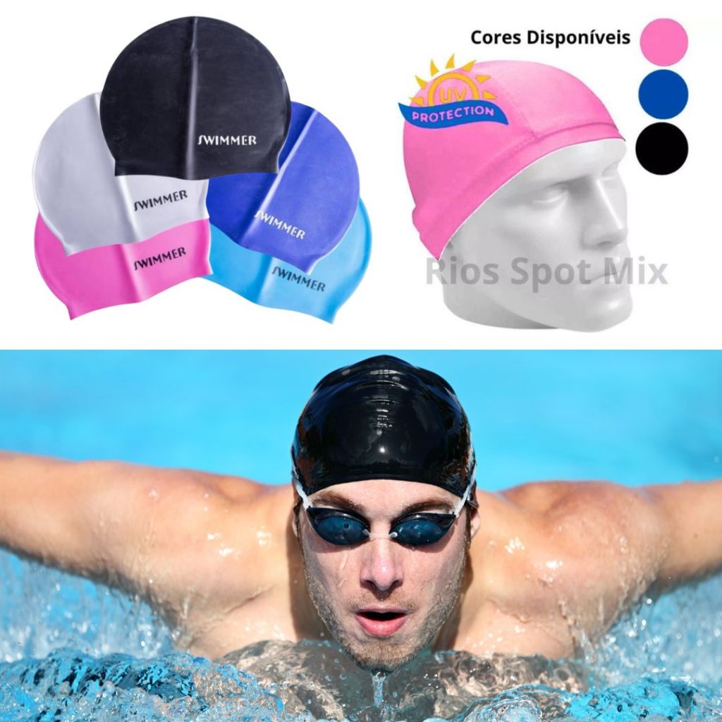 Touca de Natação Mergulho Piscina Silicone ou Lycra UV Cobre Orelhas Adulto Unissex