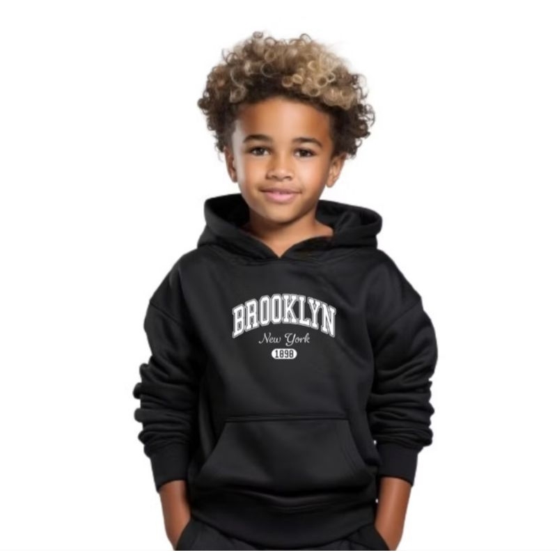 Moletom Infantil Estampado Brooklyn New York Peluciado Blusa com Capuz Canguru