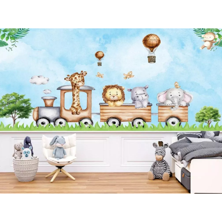 Papel de Parede Infantil Trenzinho do Safari Boiserie Branco 3,16 de largura por 2,66 de altura