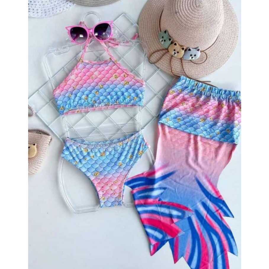 Fantasia Sereia Infantil 3 Peças Biquíni + Cauda Moda Praia Menina 2 a 10 Anos