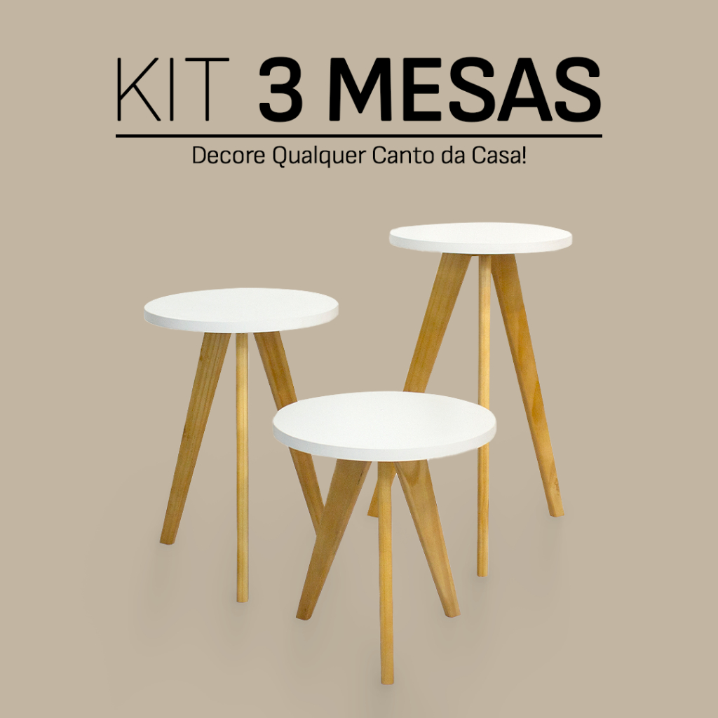 Kit 3 Mesas de Apoio Pé Palito – Mesa Lateral, Mesa de Cabeceira – Madeira Maciça, Estilo Retrô em Oferta na Shopee