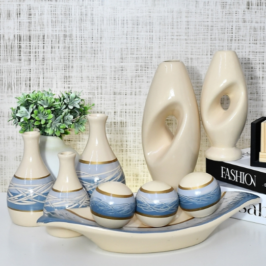 Kit 9 Jarros Decorados Trio Vaso Ceramica Enfeite Centro Mesa Sala enfeite Casa rack Aparador Nicho