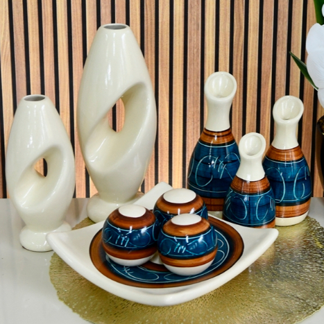 Enfeite 9 Peças Decorativo Kit Vaso Cerâmica Rack Sala Conjunto Completo Trio Casa Centro Mesa Dupla