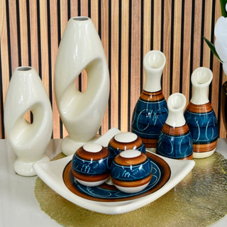 Enfeite 9 Peças Decorativo Kit Vaso Cerâmica Rack Sala Conjunto Completo Trio Casa Centro Mesa Dupla