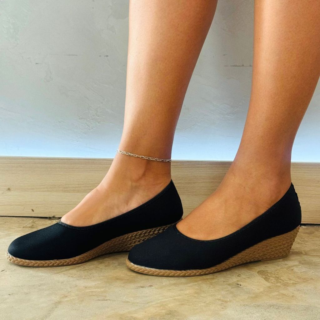 Sandália Anabela Feminina Espadrille Sola Corda Sapato Elegante Moda Preto Tendência Casual