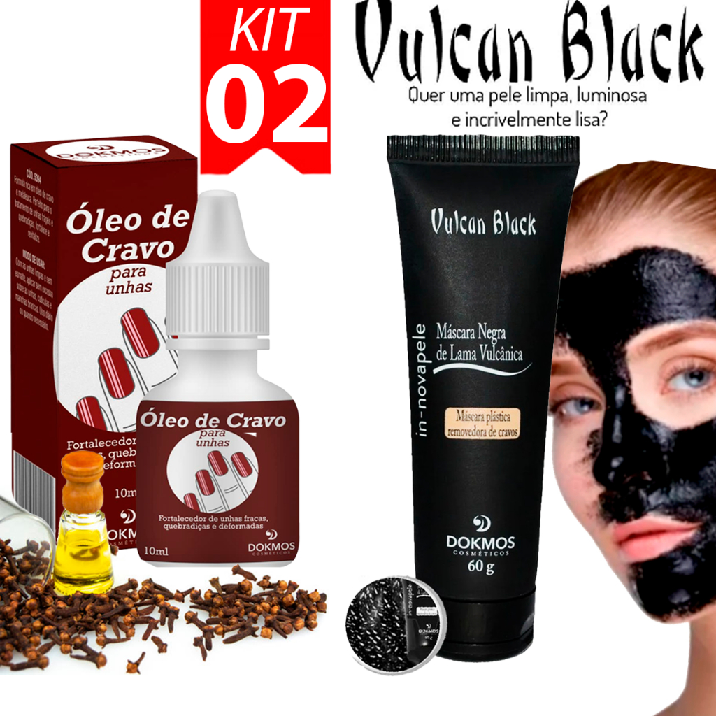 Kit Óleo De Cravo para Unhas Melaleuca + Vulcan Black Máscara Removedora De Cravos mascara negra Carvão - Dokmos