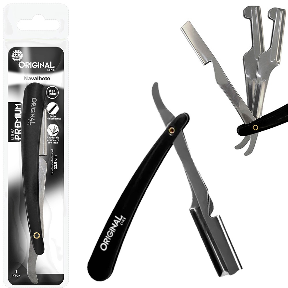 NAVALHETE PARA BARBEAR COM SUPORTE PARA LAMINA DE INOX E CABO PLASTICO PREMIUM 16CM a:22,5xl:5cm Cor: preto e prata