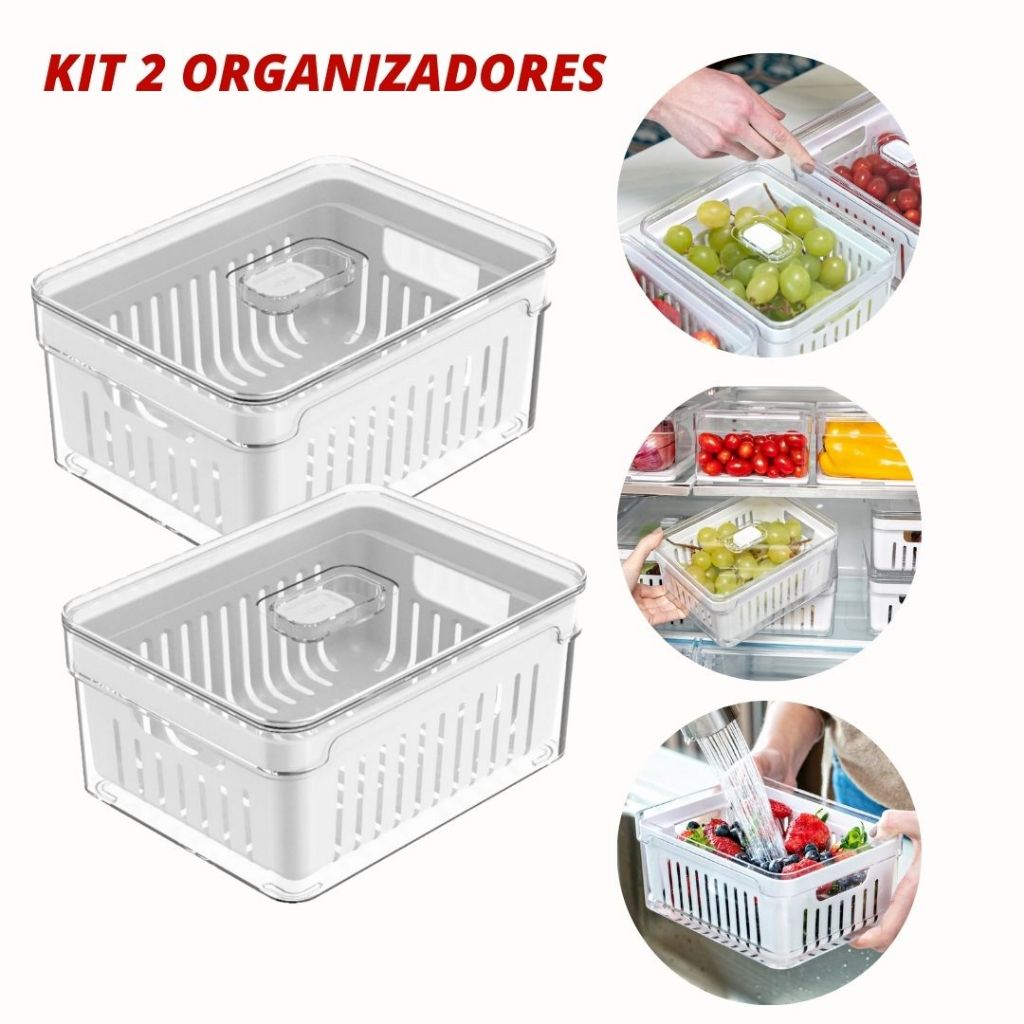 Kit 2 Organizadores Geladeira C/ Cesto Clear Fresh 2,2L Acrílico P/ Alimentos Vegetais Cozinha - OU