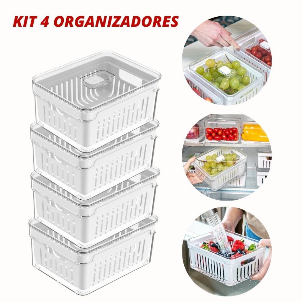 Kit 4 Organizadores Geladeira C/ Cesto Clear Fresh 2,2L Acrílico P/ Alimentos Vegetais Cozinha - OU