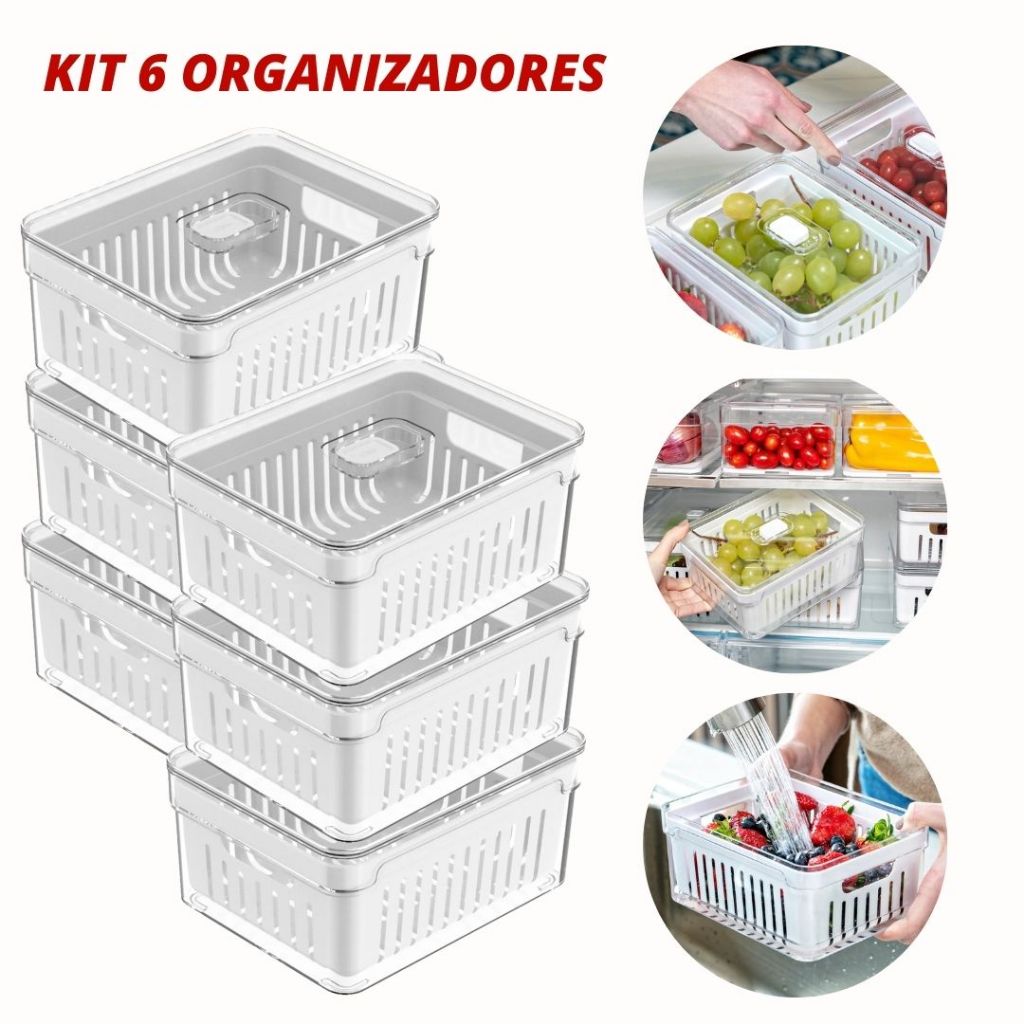 Kit 6 Organizadores Geladeira C/ Cesto Clear Fresh 2,2L Acrílico P/ Alimentos Vegetais Cozinha - OU