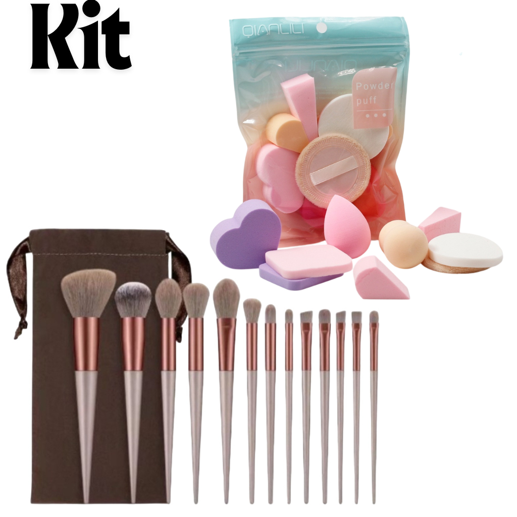 Kit 13 Pinceis, Kit Esponjas Diversas para Maquiagens, Pó Contorno Base e Blush Kit Completo