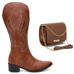 Kit Bota Feminina Texana Bordado Western Cano Alto + Bolsa Transversal Luxo