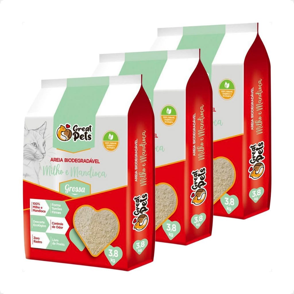 Kit 3 Areia Biodegradável 3,8 Kg Grossa para Gatos - Great Pets - Pets