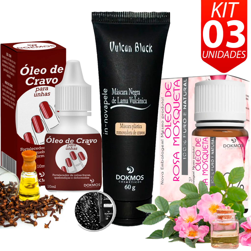 Kit Vulcan Black Máscara Removedora De Cravos + Óleo De Cravo para Unhas Melaleuca + Óleo Vegetal De Rosa Mosqueta Clare