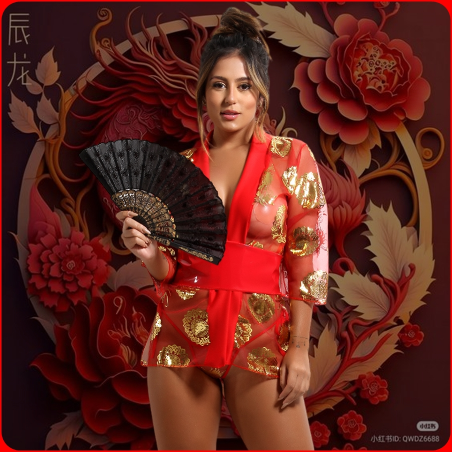 Fantasia Gueixa com Leque Kimono Sexy Conjunto Vermelho Sensual