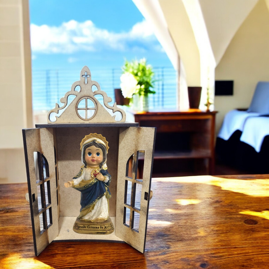 Imagem Imaculado Coração Maria Inf resina com oratorio capela escultura padroeira protetora catolico padroeiro protetor