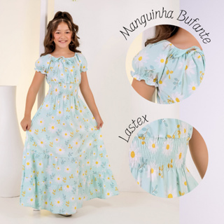 Vestido longo com manga infantil juvenil moda evangélica 10/12/14 em Oferta na Shopee