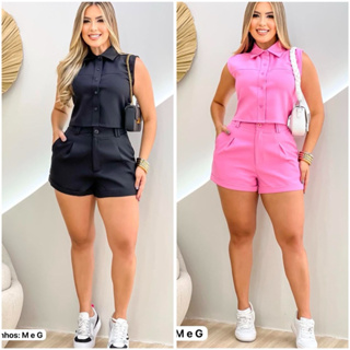 Conjunto Social com Botões e Short de Alfaiataria em Oferta na Shopee