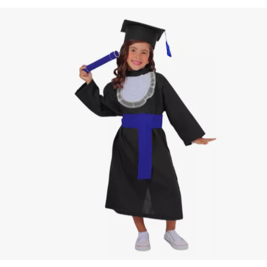 Beca de Formatura para Criança Ideal para Escola, Colação de Grau Beca Preta com Faixa e Canudo Azul