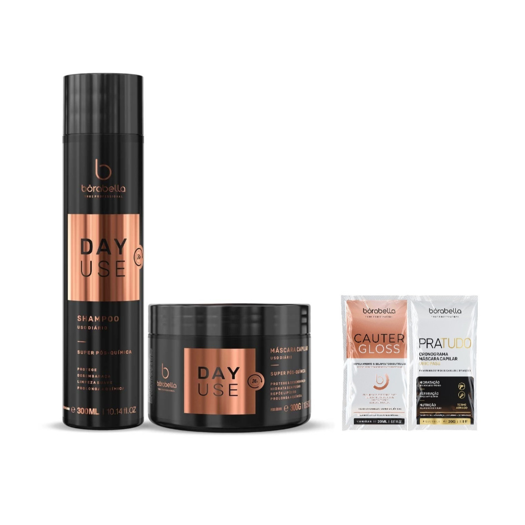 Day Use Mascara Capilar + Shampoo Kit Pós Quimica 300ml Borabella + Kit Saches Cautergloss e Pratudo