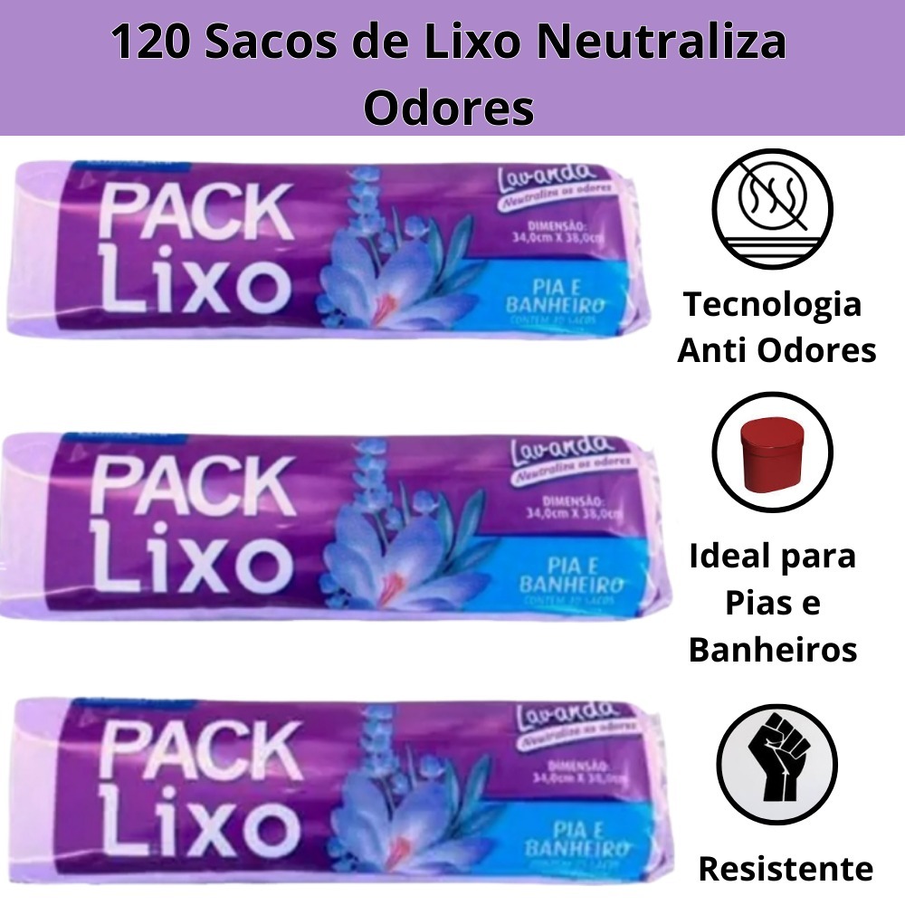 Kit 3 Rolos Lavanda 120 Sacos de Lixo para Pia e Banheiro Neutraliza Odores