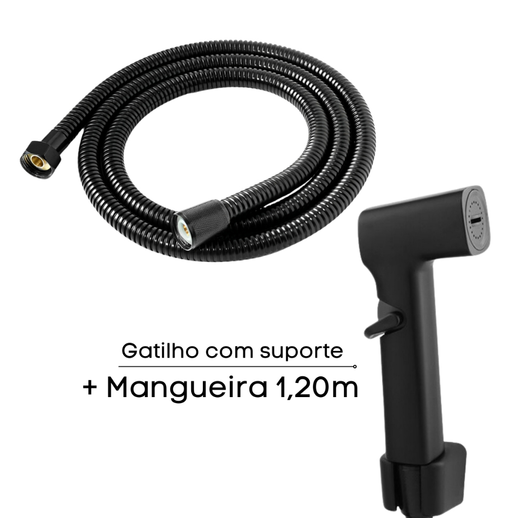 Mangueira para Ducha Higiênica Chuveirinho 1,20m com Gatilho ABS Preto + Suporte