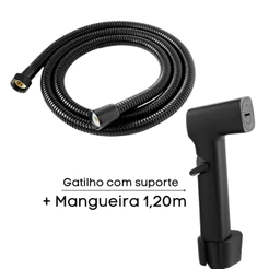 Mangueira para Ducha Higiênica Chuveirinho 1,20m com Gatilho ABS Preto + Suporte de Dupla Fixação