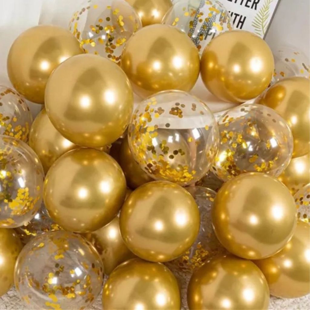 Kit 20 Balão Cromado DOURADO 9 Polegadas + Bexiga Cristal Com Confete  Tamanho 9 em Oferta na Shopee